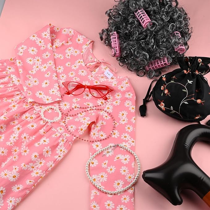 Old Lady Costume Kit Include Wig Floral Skirt Bucket Bag Glasses&Chain Cane for Halloween Granny Cosplay