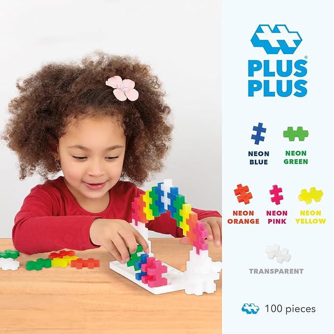 PLUS PLUS Big - Open Play Set - 100 Piece - Neon Color Mix, Construction Building Stem/Steam Toy, Interlocking Large Puzzle Blocks for Toddlers and Preschool