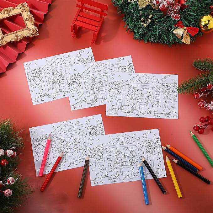 Qilery 25 Sets Christmas Activities Nativity Scene Coloring Page Bulk for Kids Coloring Page with Coloring Pencils and Organza Gift Bag Xmas DIY Art Drawing Page for Kids School Party Favor