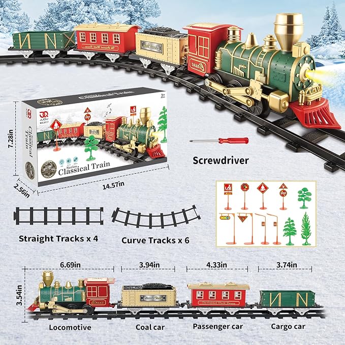 JUQU Train Set-Electric Train Sets for Boys Toddlers Classical Train Toys,Battery-Powered Locomotive Engine with Sound and Lights, 3 Cars &10 Tracks, Christmas Toy Train for Age 3 4 5 6 Years Old Kids