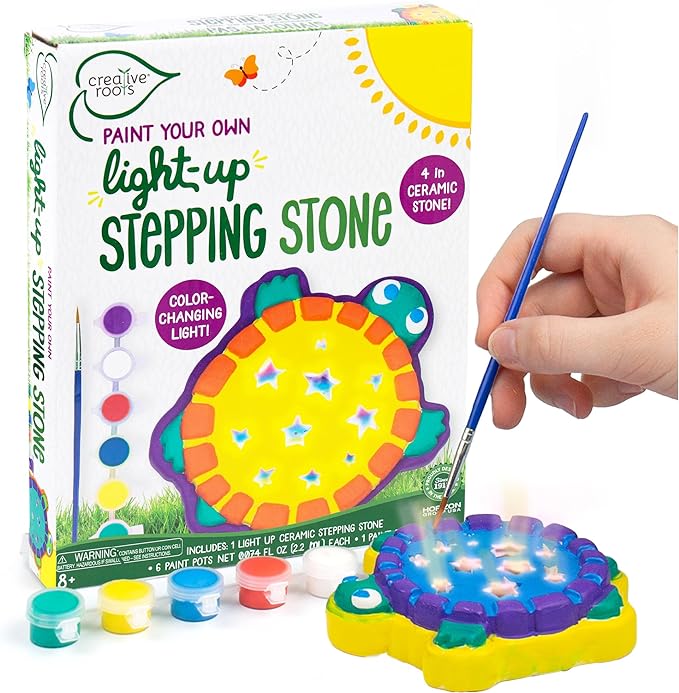 Creative Roots Paint Your Own Light-Up Turtle Stepping Stone, Paintable 3.9 x 4.5-inch Ceramic Light-Up Turtle, Includes 6 Acrylic Paints & Paintbrush, Great Arts and Crafts for Kids Ages 8-12