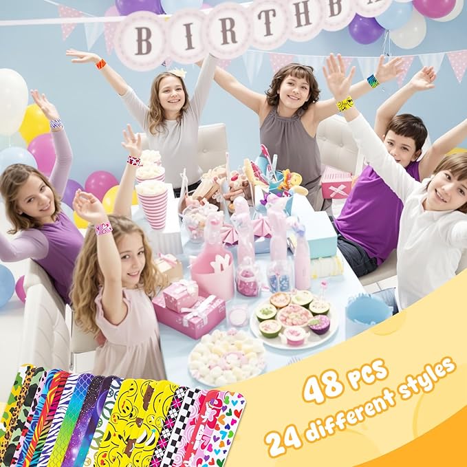 LovesTown Slap Bracelets for Kids, 48 PCS Snap Bracelets Emotions Camouflage Leopard Print Galaxy for Kids Birthday Party Favors Classroom Prizes Holiday Gifts