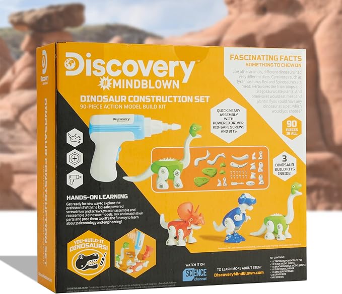 DISCOVERY #MINDBLOWN Dinosaur Construction Set, 90-Piece Action Model Build Kit, Kid-Safe Electronic Tools & Screws, Create T-Rex Triceratops, Prehistoric Monster Learning STEM Toy For Paleontologists