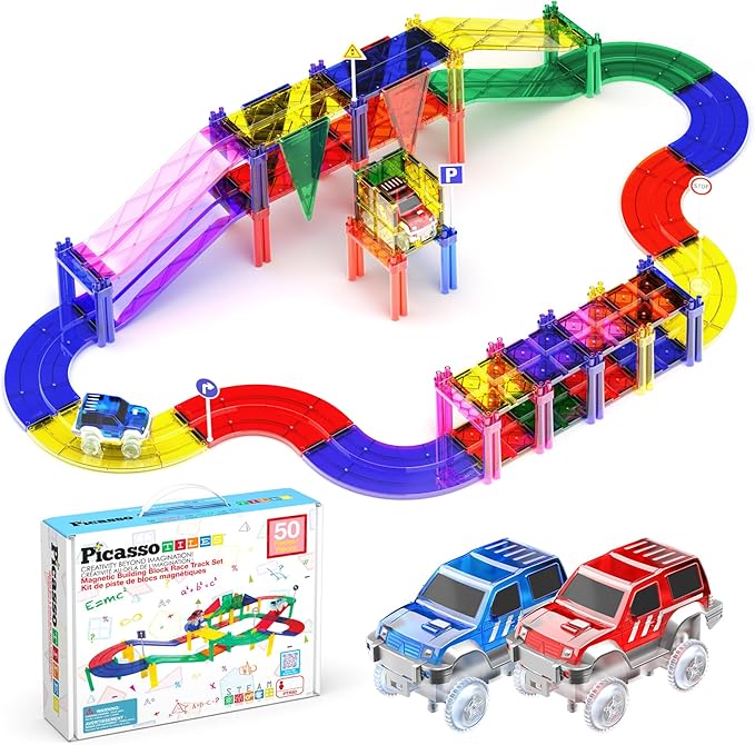 PicassoTiles 50 Piece Race Car Track Building Block Educational Toy Set Magnetic Tiles Magnet DIY Playset 2 Light Up STEM Learning Construction Kit Hand-Eye Coordination Fine Motor Skill Training