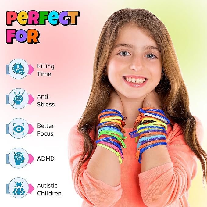 UpBrands 48 Prizes for Kids Zipper Bracelets 7 ½”, Fidget Party Favors for Kids, Sensory Toys Bulk Set, Neon Colors, Birthday Kit, Easter Egg, Treat Bags & Pinata Fillers