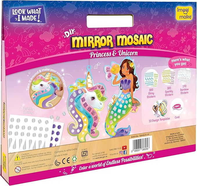 Imagimake Mirror Mosaic Princess & Unicorn Kids Art Set | DIY Craft Kit | Foil Stickers for Kids | Birthday Gift for Girls and Boys Ages 3,4,5,6,7,8 | 3 Year Old Girl Gifts