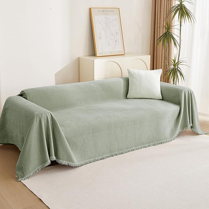 MYSKY HOME Easy Fitted Couch Cover for Dogs Stain Resistant Couch Cover Sage Sofa Covers for 2 Cushion Couch Multi-Use Sectional Couch Cover for Loveseat Universal Tassel Sofa Throw 91"X 118"