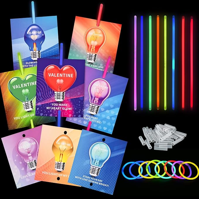 Giiffu 36 Packs Neon Valentines Day Gift Cards with Glow Stick Bracelets, Valentines Exchange Gift Cards for Kids Classroom, DIY Valentine's Crafts Art Kits for Class, Party Favors Supplies for School