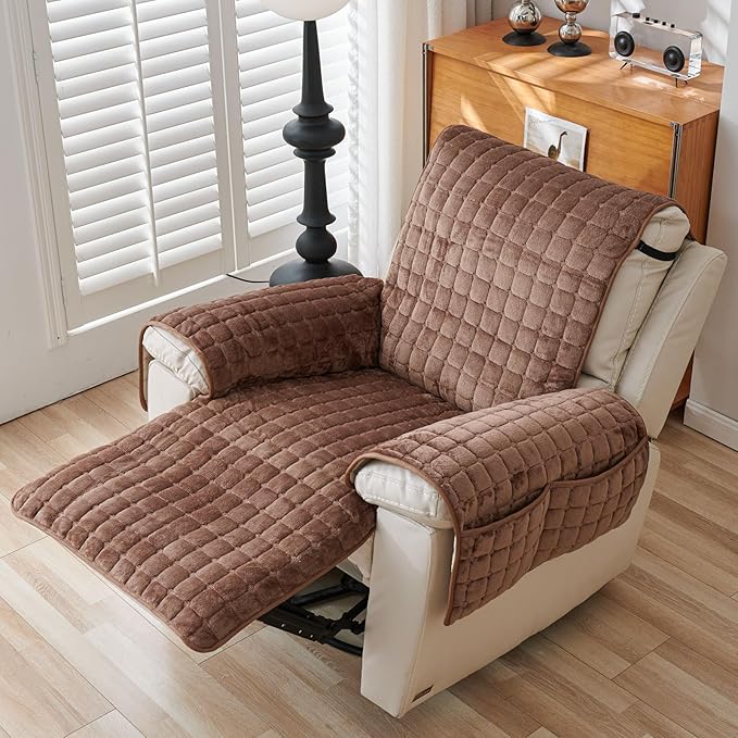 Quilted Recliner Chair Covers, Plush Non Slip Chair Slipcover Soft Washable Couch Cover Furniture Protector with Elastic Straps and Pocket for Kids, Dogs, Pets (Curry, 1 Seater)