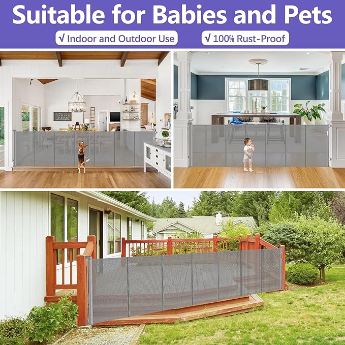 Reinforced 42" Extra Tall x 96" Wide Retractable Pet Gate with Support Rods-Prevent Crawling Under, Extra Tall Baby Gate Long Dog Gate Indoor/Outdoor Retractable Gate Tall Dog Gates for Doorways, Gray