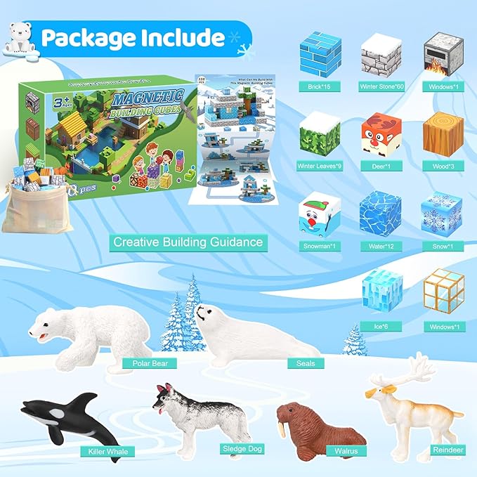Magnetic Blocks 110PCS with 6 Animal Toys, Snow World Building Blocks Set, Toys for Boys & Girls Age 4-6,5-7,6-8, Stacking Building Toys for Toddlers & Kids 3+
