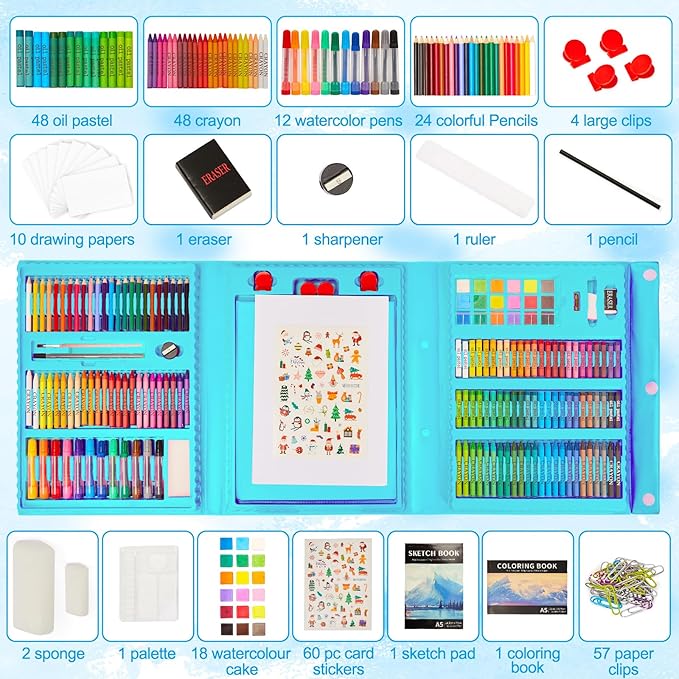 KINSPORY Art Kit, 290 Pack Art Sets Crafts Drawing Coloring kit, Double-Side Trifold Easel, Oil Pastels, Crayons, Colored Pencils, Creative Gift for Beginners Artists Girls Boys Kids (Blue)