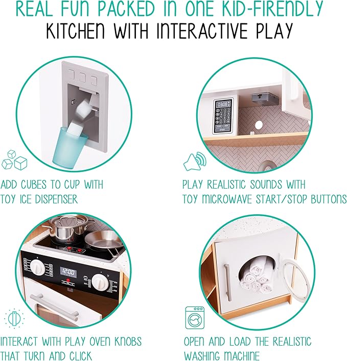 Lil' Jumbl Kids Corner Kitchen Set, Pretend Wooden Deluxe Play Kitchen, Battery Operated Icemaker, Stovetop & Faucet with Realistic Sound - Natural