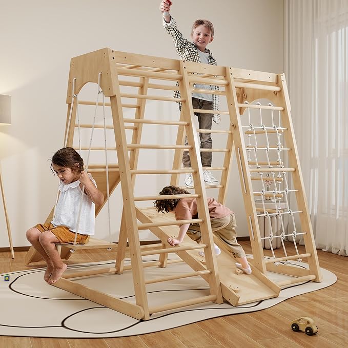 Indoor Jungle Gym, Montessori Climbing Toys, Toddler Indoor Playground Set 8-in-1 with Swing, Armband, Rock Climb Wall, Slide, Monkey Bar, Wood & Rope Ladder, Rope Wall Ladder for Kids 1-8yrs