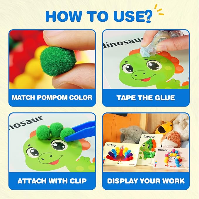 YPLUS Pompoms Art Crafts Kits, Toddler DIY Sensory Activities for Kids Ages 1-3 2-4 3-5, Finger Motor Art Supplies - Theme Animals Stocking Stuffers for Kids Toddler