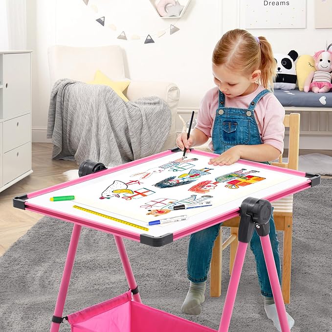 Kids Art Easel with 29.5inch-44inch Height Adjustable Whiteboard&Chalkboard Double Sided Easel 360°Rotating Art Easel for Kids Pink Over 3 Years Old