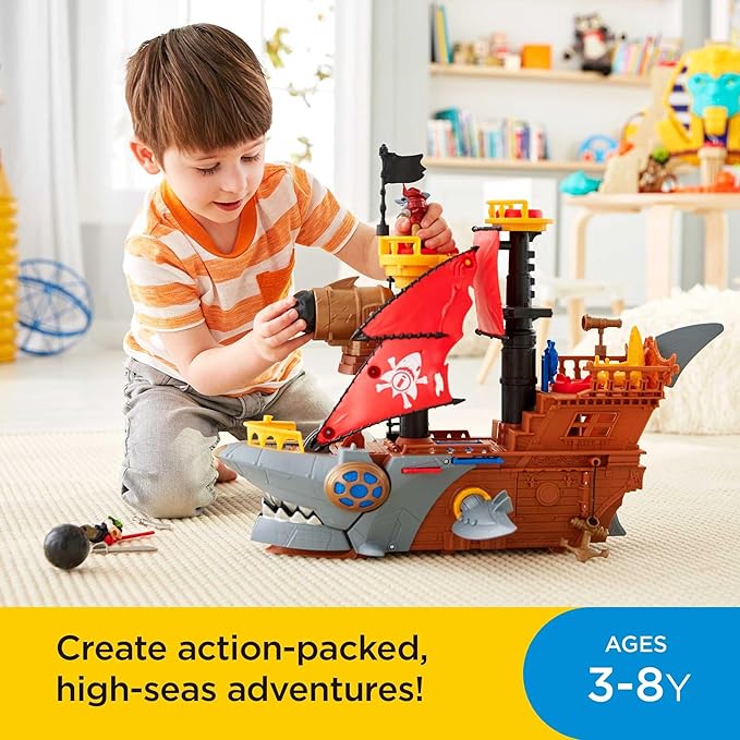 Fisher-Price Imaginext Preschool Toy Shark Bite Pirate Ship Playset with Figure & Accessories for Pretend Play Ages 3+ Years