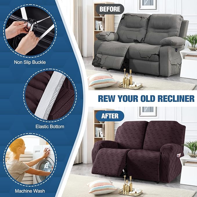TAOCOCO Recliner Loveseat Cover, Stretch Jacquard Reclining Loveseat Cover Furniture Protector Sofa Slipcovers 2 Seat Recliner Covers with Elastic Bottom for Kids, Pets (Dark Coffee)