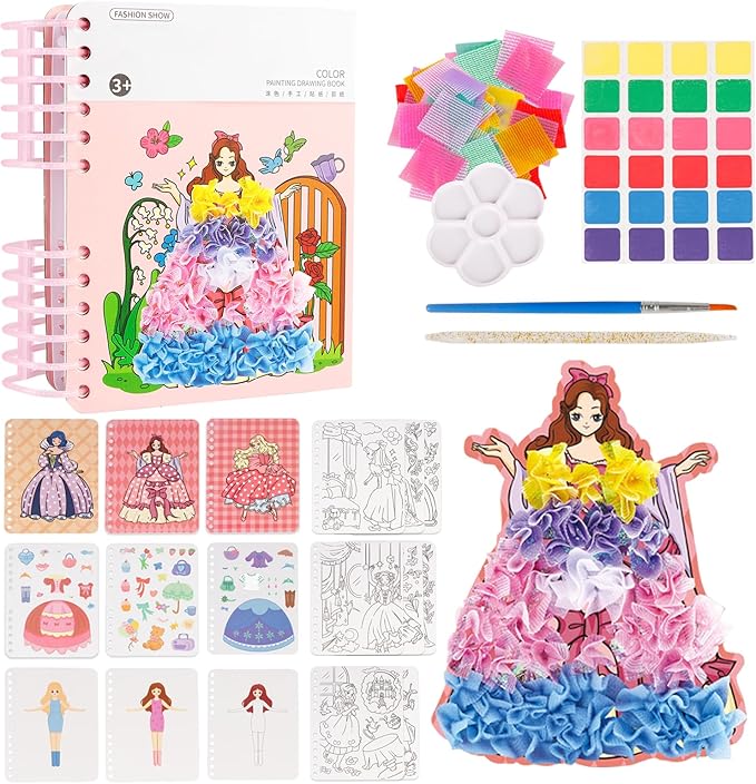 mayace Fabric Art Frenzy - 3 in 1 Creative Puzzle Puncture Painting Poke Art Kits for Kids, Childhood Infinite Dream Hand-Painted Princess Dress-up Drawing Book for Girls Kids (Pink)