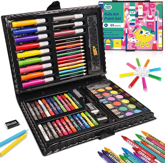 KIDDYCOLOR 80-Piece Kids Art Supplies Set, Portable Art Case with Gouache, Colored Pencils, Crayons, Markers for Boys & Girls Aged 3-12, Perfect Creative Gift for Children & Teens