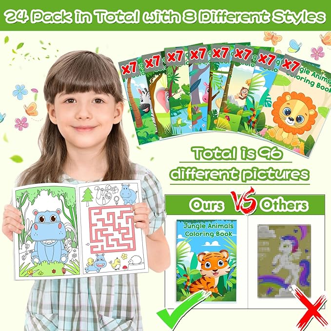 Lionoble 24Pcs Jungle Safari Animals Coloring Books for Kids with 24 Stacking Crayons Mini Coloring Book Party Favors Bulk Gifts Small Activity Books for Birthday Party Goodie Bags Stuffer Classroom