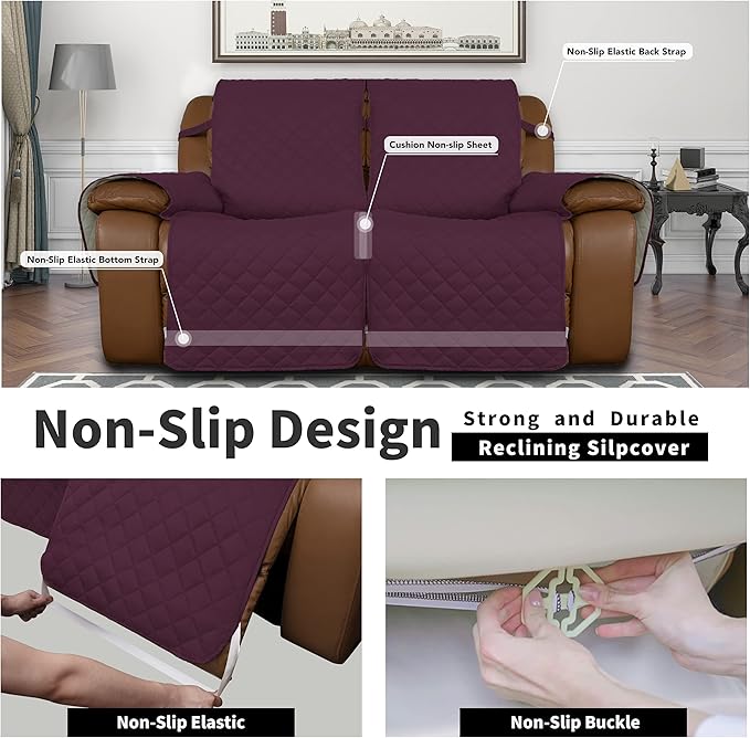 Easy-Going Loveseat Recliner Cover, Reversible Couch Cover for Double Recliner, Split Sofa Cover for Each Seat, Furniture Protector with Elastic Straps for Kids, Dogs, Pets(2 Seater, Wine/Beige)