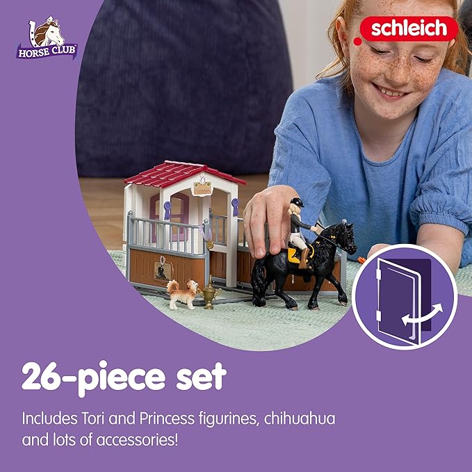 schleich HORSE CLUB — Horse Box with HORSE CLUB Tori & Princess, 26 Piece Horse Stable Play Set, Functional Horse Toys for Girls and Boys Ages 5+