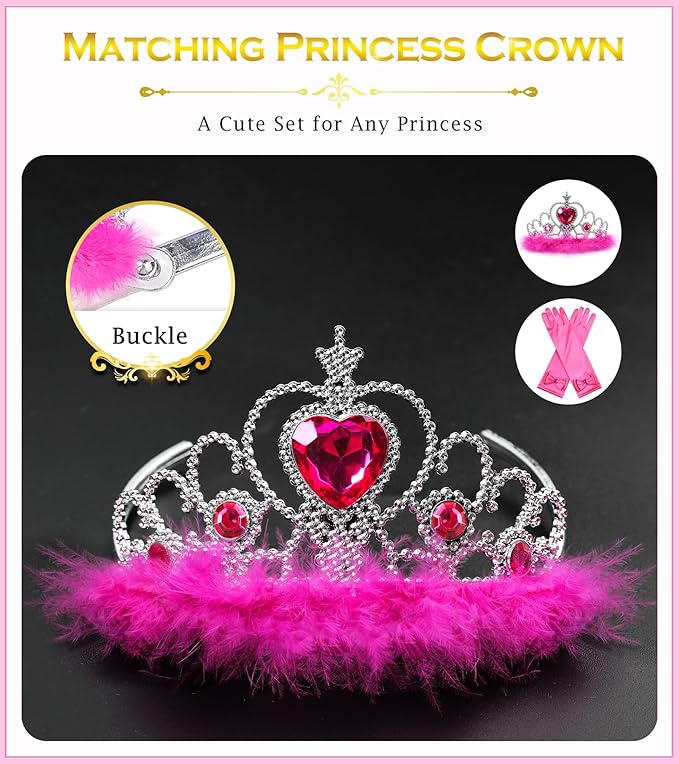Princess Dress Up Accessories Princess Gloves, 7pcs Dress Up Set for Toddler Girls (Rose, 7PCS)