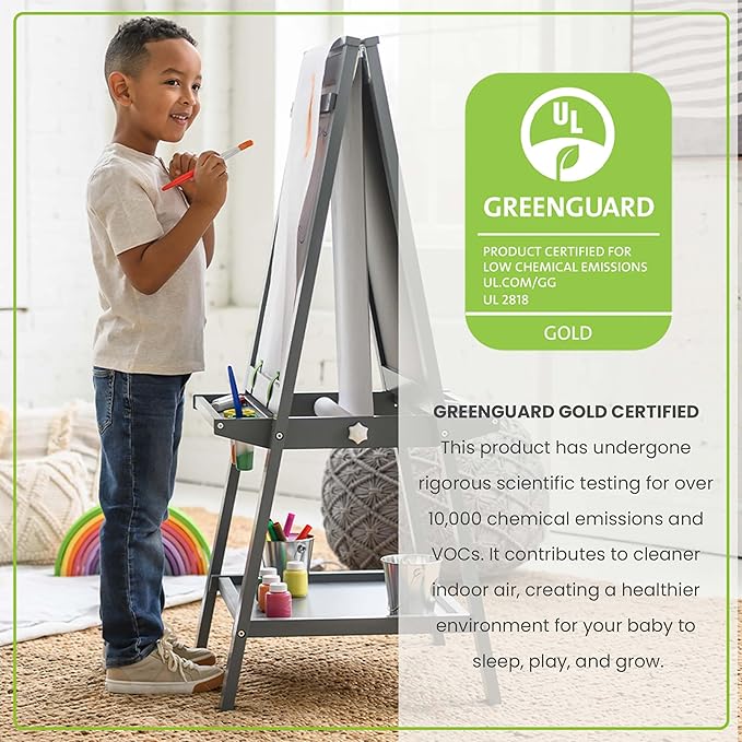 Little Partners Folding EZ Painting Easel for Kids, Dual-Sided Art Easel for Kids Art Station, Folds Flat with Chalkboard, Dry Erase Whiteboard, Paper, Eraser, Paint Cups, Shelf (Earl Grey)