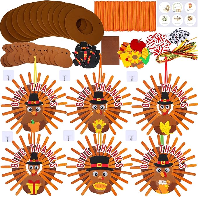 Winlyn 12 Sets Thanksgiving Wreath Signs Decorations Art Sets DIY Give Thanks Thanksgiving Craft Kits Fall Crafts Wood Craft Sticks Turkey Foam Stickers Googly Eyes for Kids Party Classroom Activities