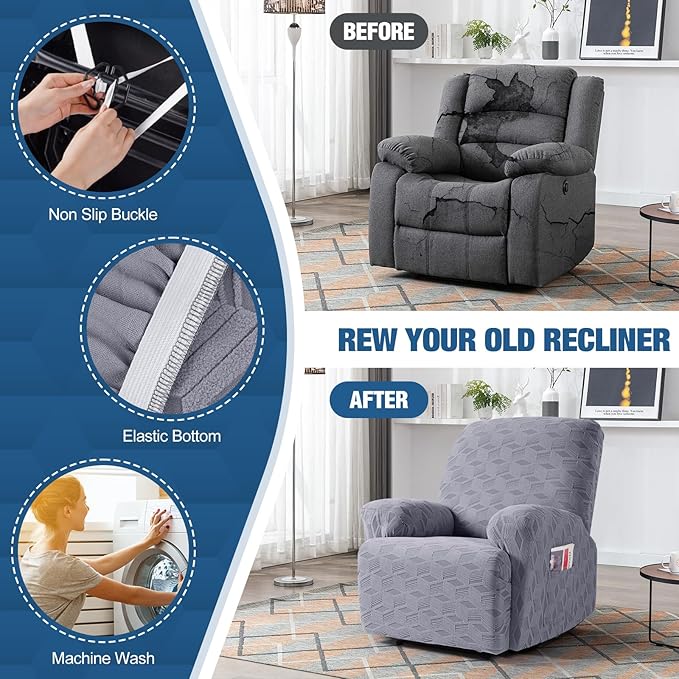 TAOCOCO Recliner Cover 3 Pieces Recliner Chair Covers, Stretch Jacquard Reclining Chair Cover, Furniture Protector Sofa Slipcovers Couch Covers with Elastic Bottom for Kids, Pets (Light Grey)