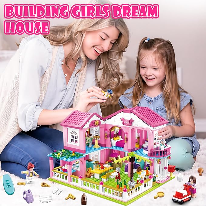 Sluban Friends Beach House Building Sets for Girls 6-12, Seaside Villa House Compatible with Lego Friends, Come with 7 Minifigures Dolls, Motorcycle and Kitchen Accessories, STEM Educational Toy