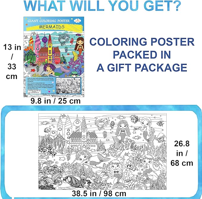 ALEX Art, Giant Coloring Poster - Mermaid Large Wall Coloring Pages - Fun Kids Art Project Activities - Jumbo Coloring Sheets Books for Girls - Huge Posters to Color - Big Floor Size 38.5”x26.7”