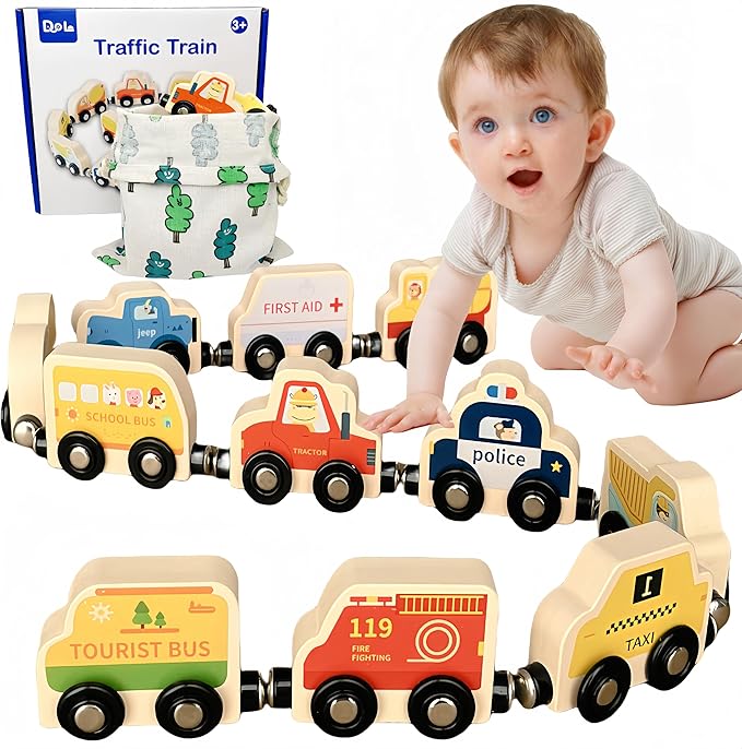 Montessori Toys for Toddler Age 1-3, Toddler Toy Wooden Magnetic Traffic Train Set with Playmat/Storage Bag for Baby Boy, Birthday for 1 2 3 Years Old Boys & Girls