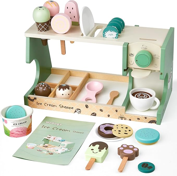Wooden Ice Cream Toy, 3-in-1 Ice Cream Counter with Coffee Maker 28 PCS Toddler Pretend Play Kitchen Accessories Wooden Toys for 3 4 5 6 Year Old Girl or Boy (Ice Cream)