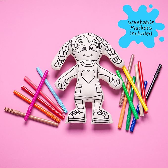 Color Your Doll - Washable Art Toy with Mini Doll Backpack and Markers - Educational Craft for Creative Play (Girl Doll with Braids)