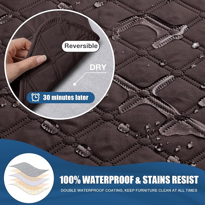 TAOCOCO 100% Waterproof Recliner Covers, Recliner Sofa Covers with Leg Straps, Reversible Recliner Couch Cover for Reclining Chair, Washable Couch Protector for Pets Kids(3 Seater, Chocolate)