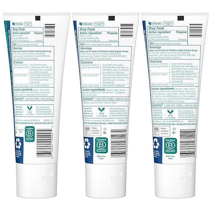 Tom’s of Maine Anticavity Kids Natural Toothpaste Variety Pack, Strawberry, Orange Mango, Watermelon Flavors, Kids Toothpaste with Fluoride, Safe for Ages 2 and Up, 5.1 oz (Pack of 3)