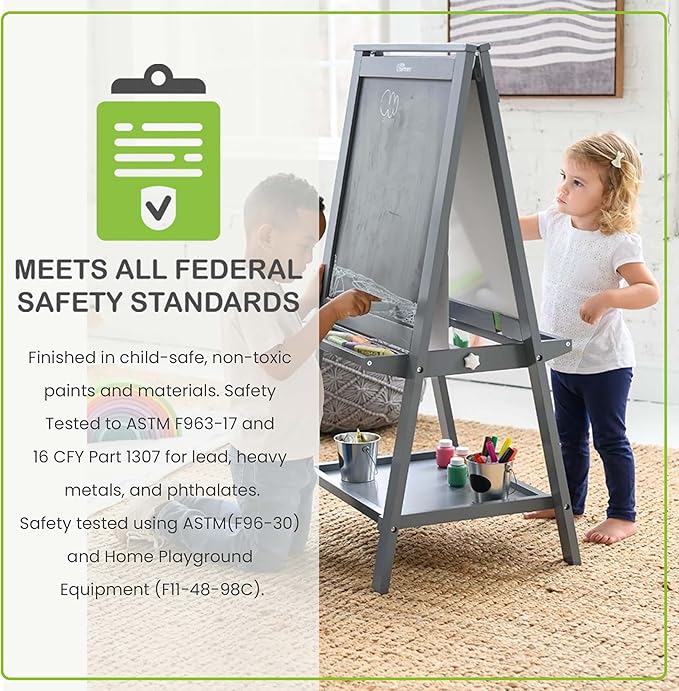 Little Partners Folding EZ Painting Easel for Kids, Dual-Sided Art Easel for Kids Art Station, Folds Flat with Chalkboard, Dry Erase Whiteboard, Paper, Eraser, Paint Cups, Shelf (Earl Grey)