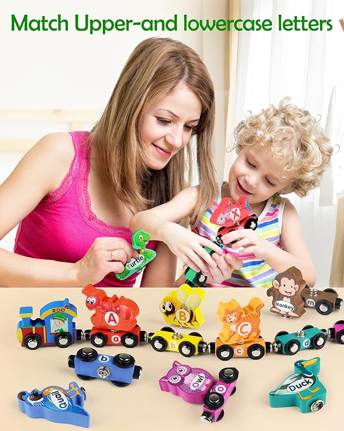 Vanmor Wooden Train Set for Toddlers - Snap-Connection Animal Trains, Magnetic Alphabet Train Learning Toys, STEM Preschool Toys, ABC and Animal Play Set for Kids Ages 3-5
