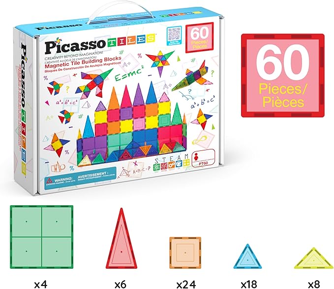 PicassoTiles Magnetic Tiles 60pcs Kids Toys Classroom Sensory Toy for Toddlers STEM Learning Building Blocks, Montessori Pretend Play Magnet Tile Construction Stacking Block Boys Girls Ages 3+ PT60