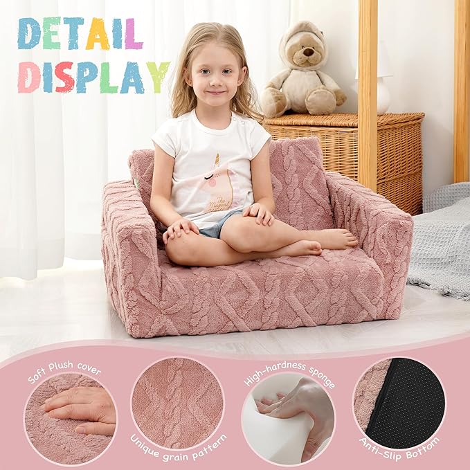 Kids Sofa, Toddler Chair, 2-in-1 Flannel Kids Fold Out Couch, Toddler Convertible Sofa to Lounger, Flip Open Toddler Couch for Kids (Pink)