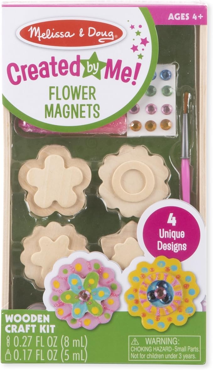Melissa & Doug Created by Me! Flower Wooden Magnets Craft Kit (4 Designs, 4 Paints, Stickers, Glitter Glue)