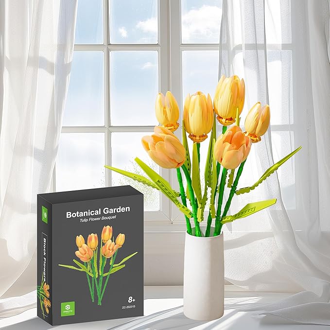 Flower Bouquet Building Toy Set Tulips, Botanical Building Blocks for Adults Home Office Decor Orange Color