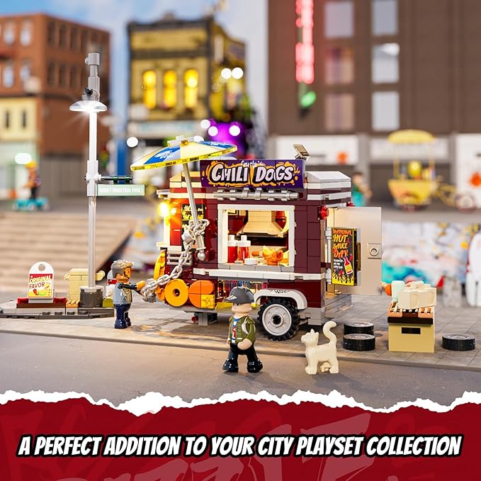 FUNWHOLE Chili Dog Trailer Lighting Building-Bricks Set - City Food Truck Toy Playkit 515 Pcs for Adults and Kids