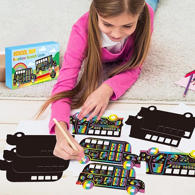 B1ykin School Bus Scratch Cards Gift - Back to School Magic Bus Scratch Paper Art Kit for Kids, DIY First Day of School Scratch Off Hanging Card Party Favors for Classroom Activity Art Project