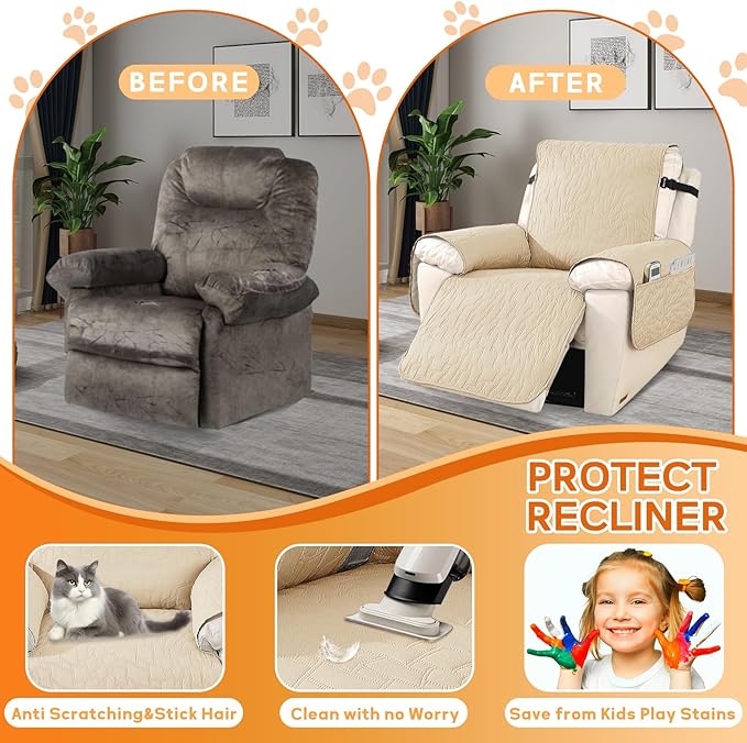 XINEAGE 100% Waterproof Recliner Chair Covers with Elastic Straps, Nonslip Reclining Couch Covers Washable Recliner Couch Cover with Pockets Furniture Protector for Pets Dogs (Beige, 23")