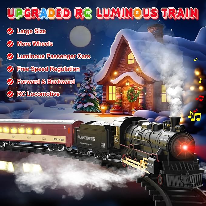 Hot Bee Train Set for Boys,Remote Control Christmas Train Sets w/Steam Locomotive,Light Passenger Cars & Tracks,Trains Toys w/Smoke,Whistle & Lights,Christmas Toys Gifts for 3 4 5 6 7 8+ Year Old Kids