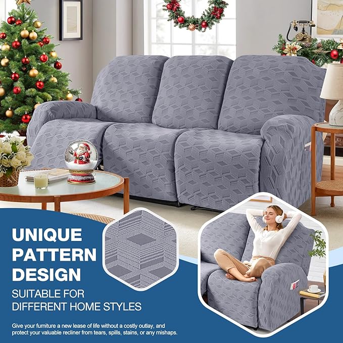 TAOCOCO Recliner Sofa Covers Stretch Reclining Couch Cover, Jacquard Recliner Couch Cover for 3 Seat Furniture Protector Sofa Slipcovers with Elastic Bottom for Kids, Pets (Light Grey)