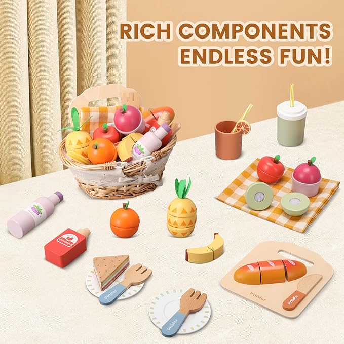 Picnic Playset, Wooden Play Food Set for Kids Kitchen, Cutting Pretend Play Kitchen Food Toy for Toddlers Girls Boys 1 2 3 4 5 Years Old